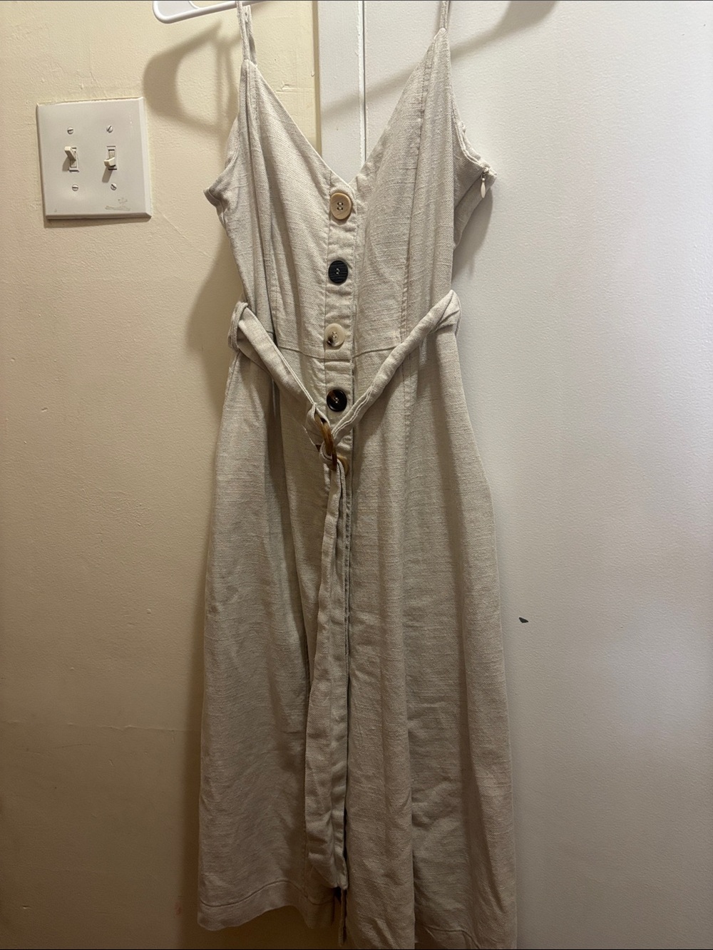 Moon River Cream Button-Front Maxi Dress with Waist Tie